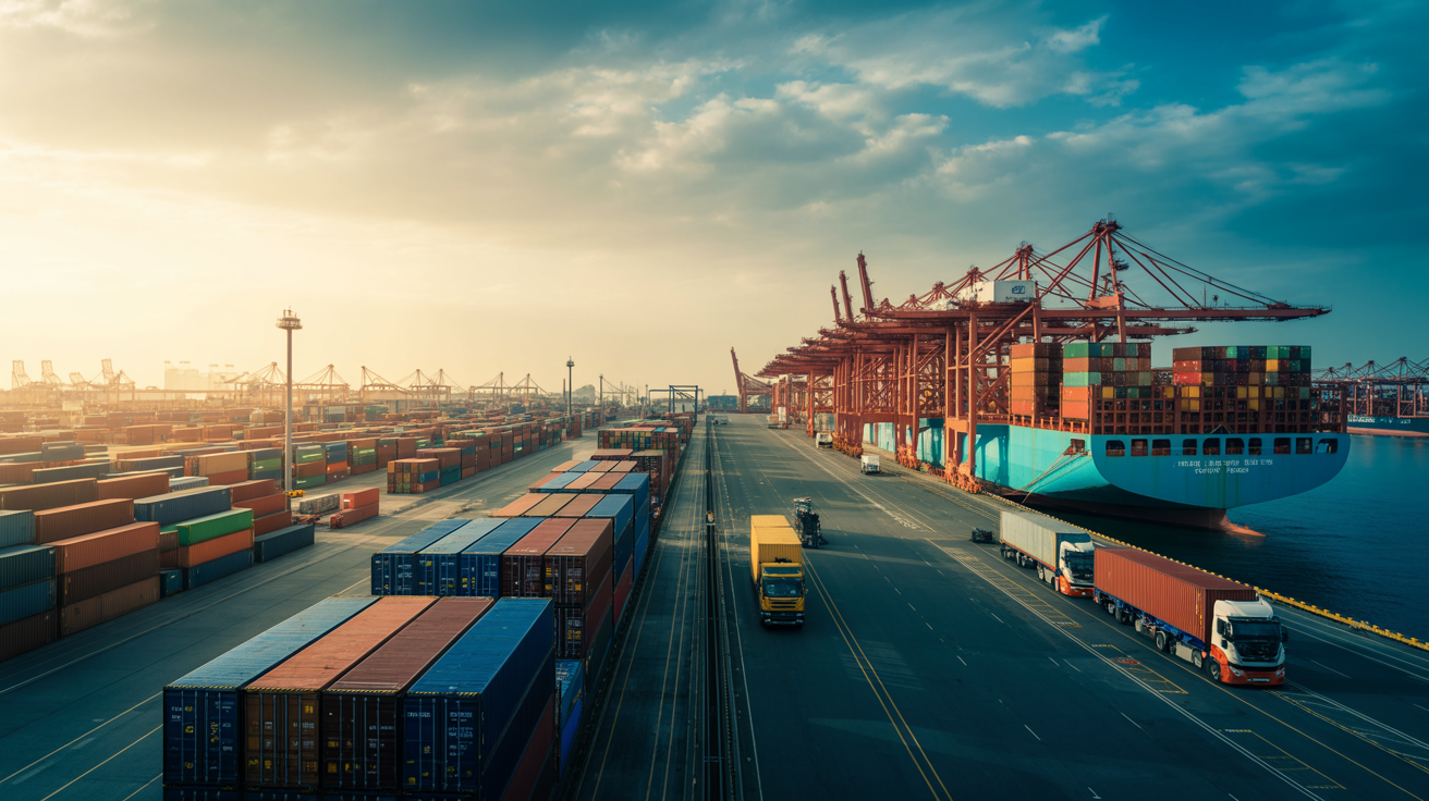 Internationaler Container-Hafen bei goldener Stunde